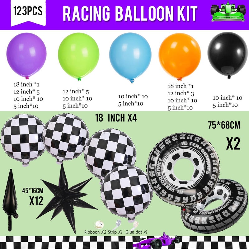 froufing Monster Truck Theme Balloon Garland Arch Kit vibrant Orange Green Purple with Big Wheels checkered star mylar foil balloons For Kids fast one Boy Birthday Race Car construction theme Party Decorations - Image 5