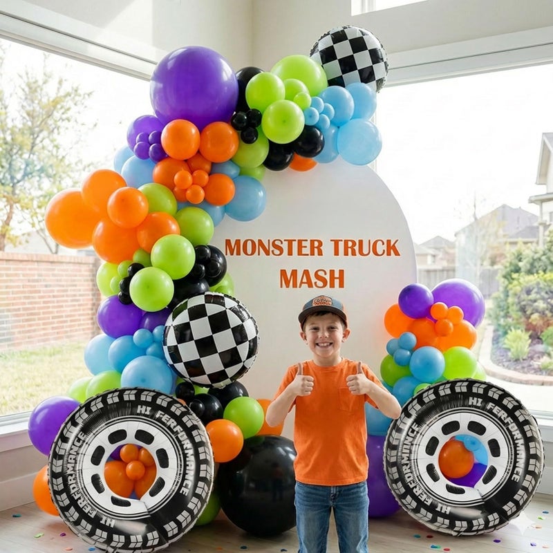 froufing Monster Truck Theme Balloon Garland Arch Kit vibrant Orange Green Purple with Big Wheels checkered star mylar foil balloons For Kids fast one Boy Birthday Race Car construction theme Party Decorations - Image 2