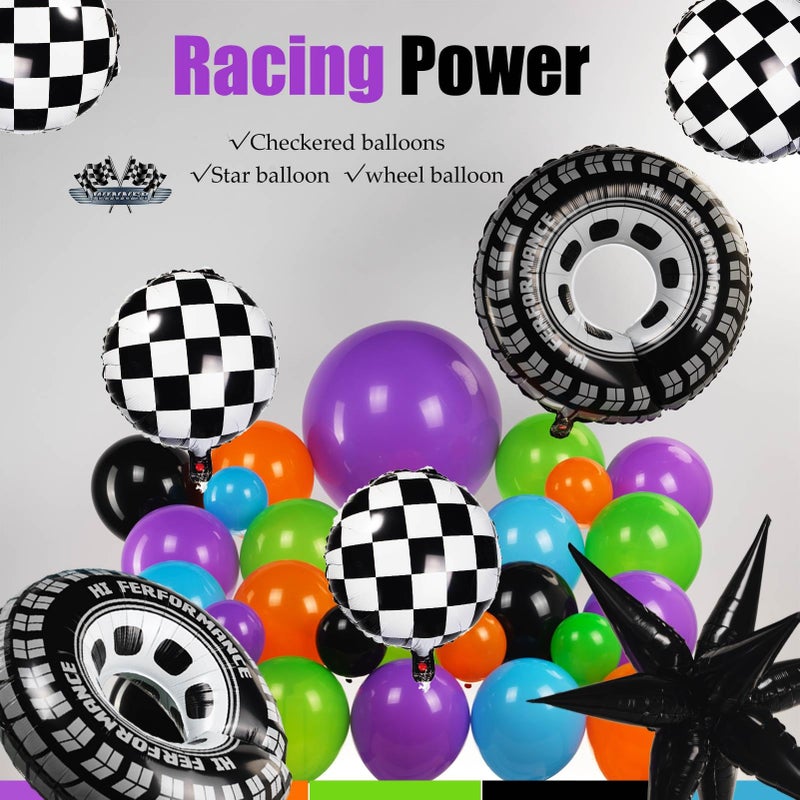 froufing Monster Truck Theme Balloon Garland Arch Kit vibrant Orange Green Purple with Big Wheels checkered star mylar foil balloons For Kids fast one Boy Birthday Race Car construction theme Party Decorations - Image 3