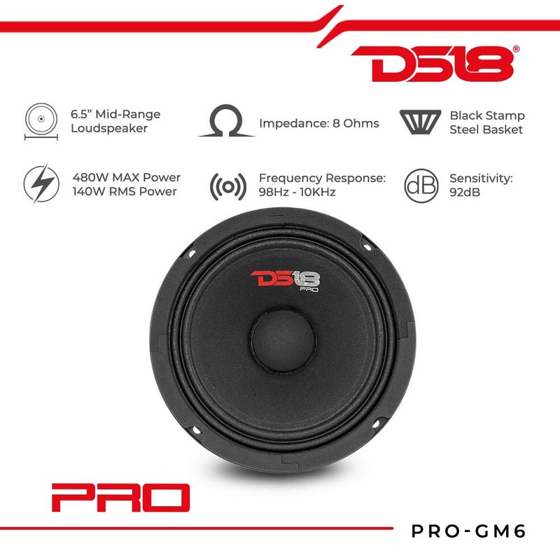 DS18 مكبر صوت DS18 PRO-GM6 - 6.5"، متوسط المدى، سلة فولاذية سوداء، 480 واط كحد أقصى، 140 واط RMS، 8 أوم - مكبرات صوت متوسطة الجودة عالية الأداء لنظام الصوت في السيارة أو الشاحنة (مكبر صوت واحد) - Image 2