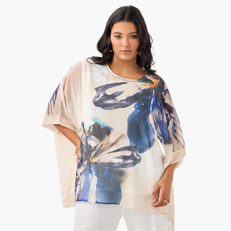  أولا بوبكن Plus Size Ulla Popken Floral Print Top with Extended Sleeves