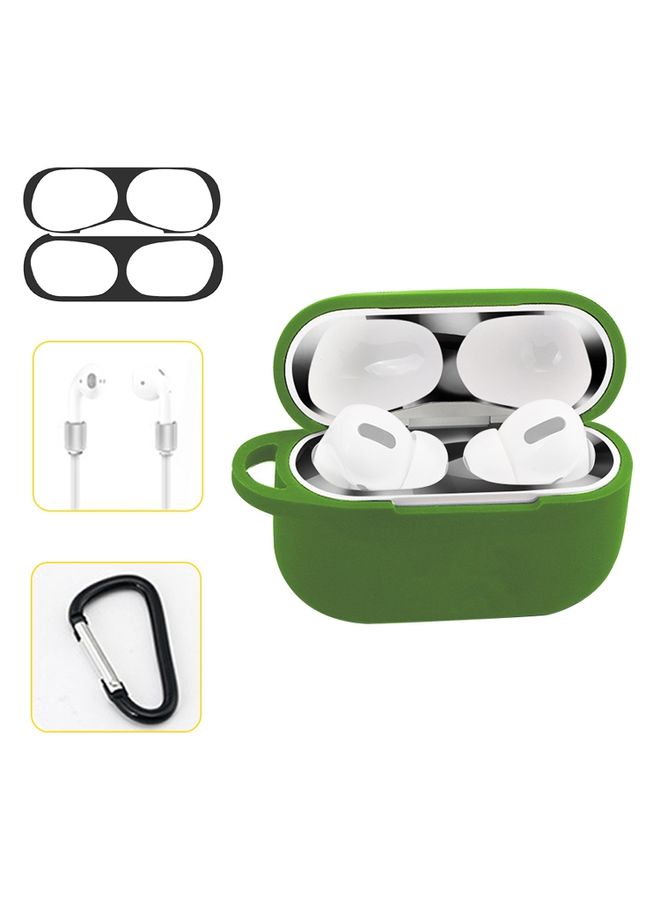Case Cover For AirPods Pro Silicone Wireless Earphone Protective Case Storage Box with Hook & Anti-drop Rope Green+Black Inner Sticker