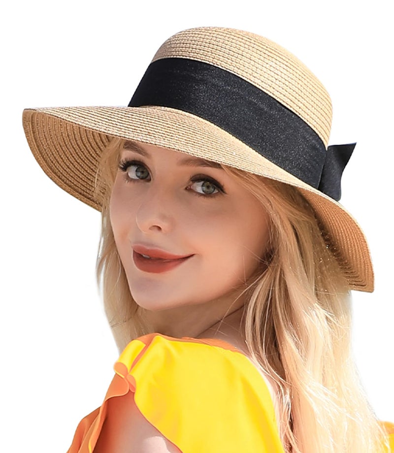 Pleneal Beach Sun Hats for Women, Straw Hat for Women UPF 50+ UV Sun Protection Summer Hat Foldable Roll up Cap A-Khaki - Image 1