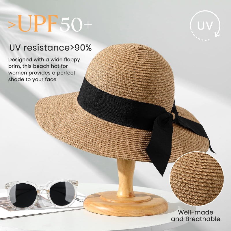Pleneal Beach Sun Hats for Women, Straw Hat for Women UPF 50+ UV Sun Protection Summer Hat Foldable Roll up Cap A-Khaki - Image 2