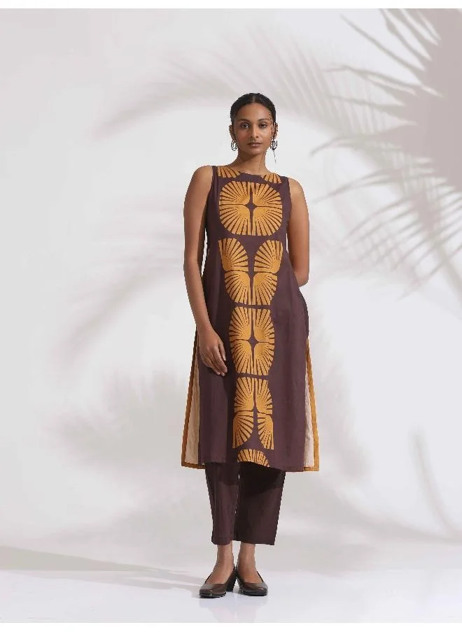 ترو برونز trueBrowns Brown Cotton Print Sleeveless Kurta Set