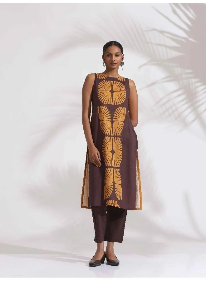 ترو برونز trueBrowns Brown Cotton Print Sleeveless Kurta Set