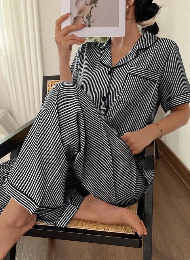 تايك تو Striped Short Sleeve Shirt and Pyjama Set