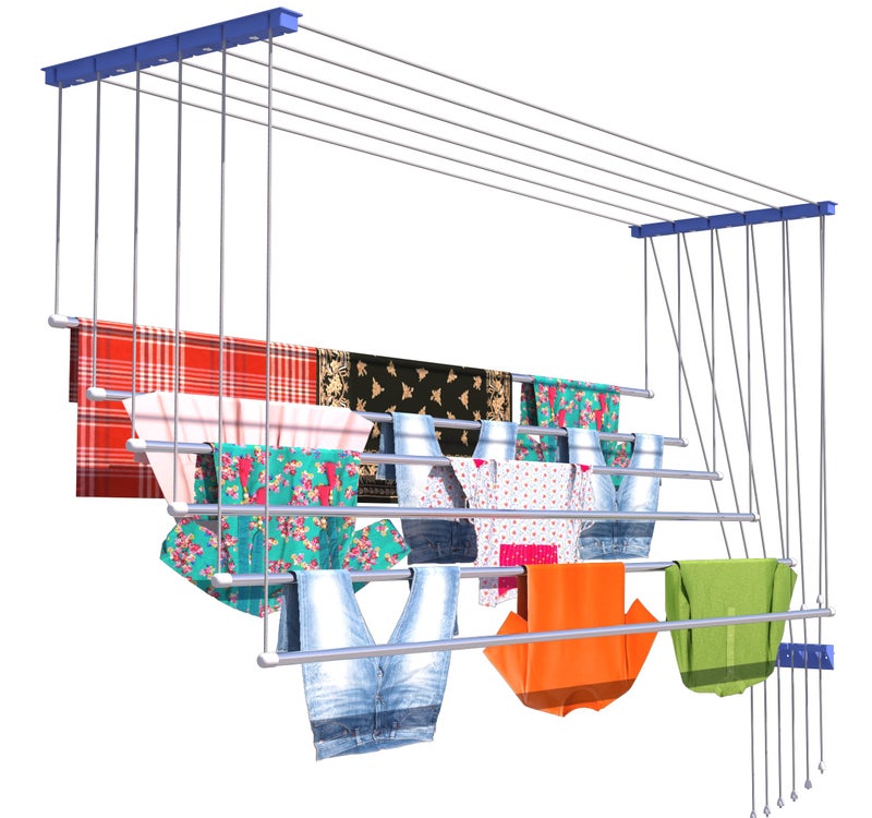 Skywave Luxury ( 6 Pipes X 8 FEET Premium Rust Proof Stainless Steel Ceiling Clothes Dryer Hanger with UV Protected Nylon Ropes Individual dropdown, Clothes Drying Rack for BalconyTOP Iron (8 feet) - Image 1
