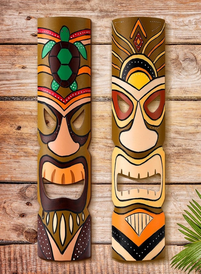 Seenelling Set of 2 Tiki Mask Wood Wall Hanging Decor, 15.75 Inch Hand Carved African Mask Tiki Bar Accessories Tribal Beach Party Luau Decorations, Sun, Turtle - Image 1