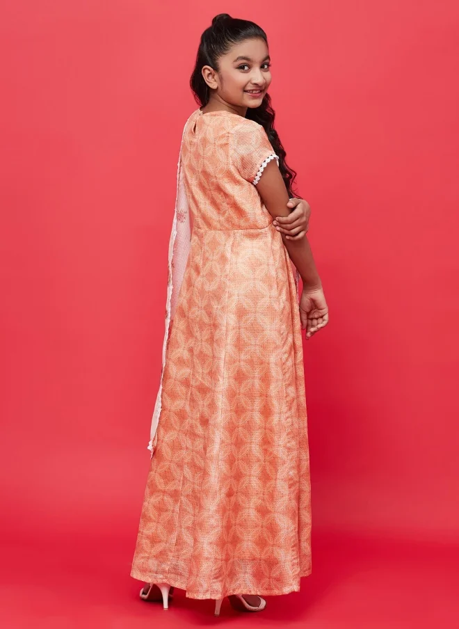 AKS  Peach Cotton Maxi Dress With Dupatta For Girls for Women | Best Price UAE