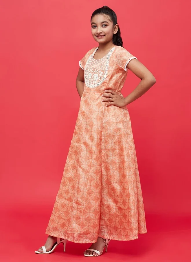 AKS  Peach Cotton Maxi Dress With Dupatta For Girls for Women | Best Price UAE