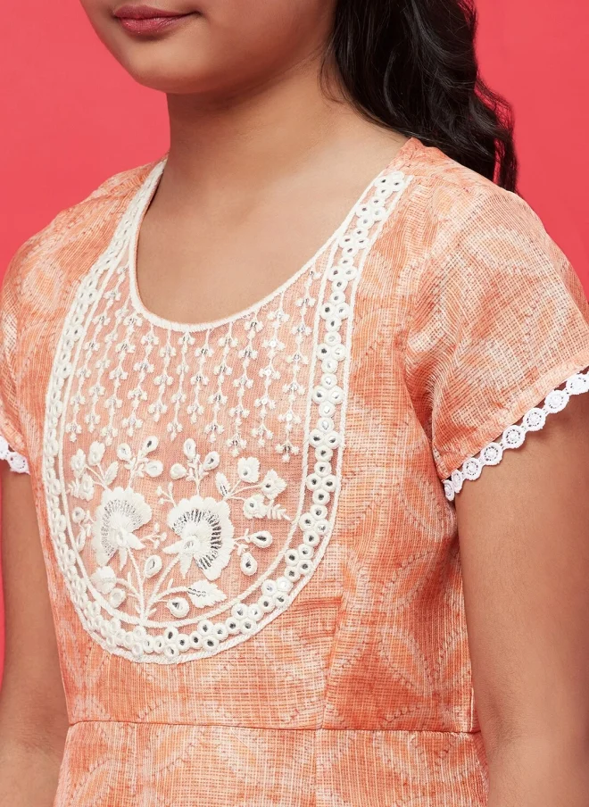 أيه كيه إس Peach Cotton Maxi Dress With Dupatta For Girls
