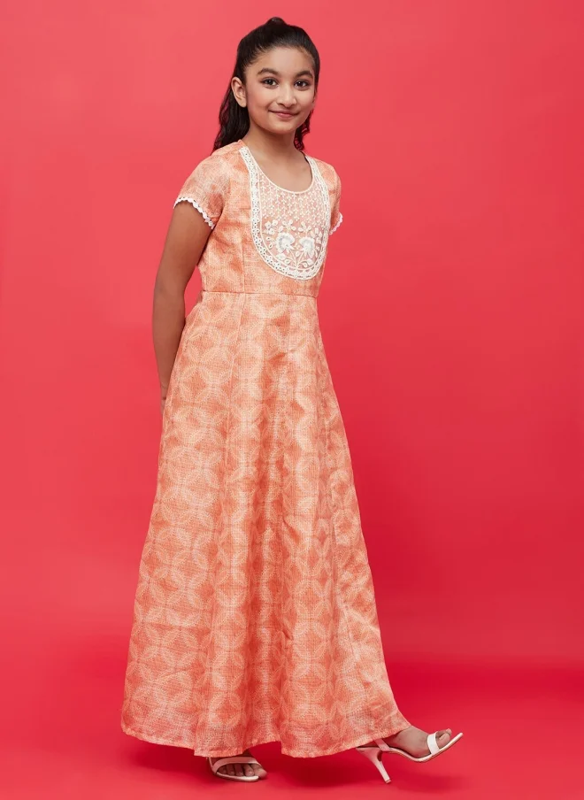 AKS  Peach Cotton Maxi Dress With Dupatta For Girls for Women | Best Price UAE