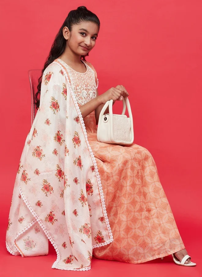 AKS  Peach Cotton Maxi Dress With Dupatta For Girls for Women | Best Price UAE