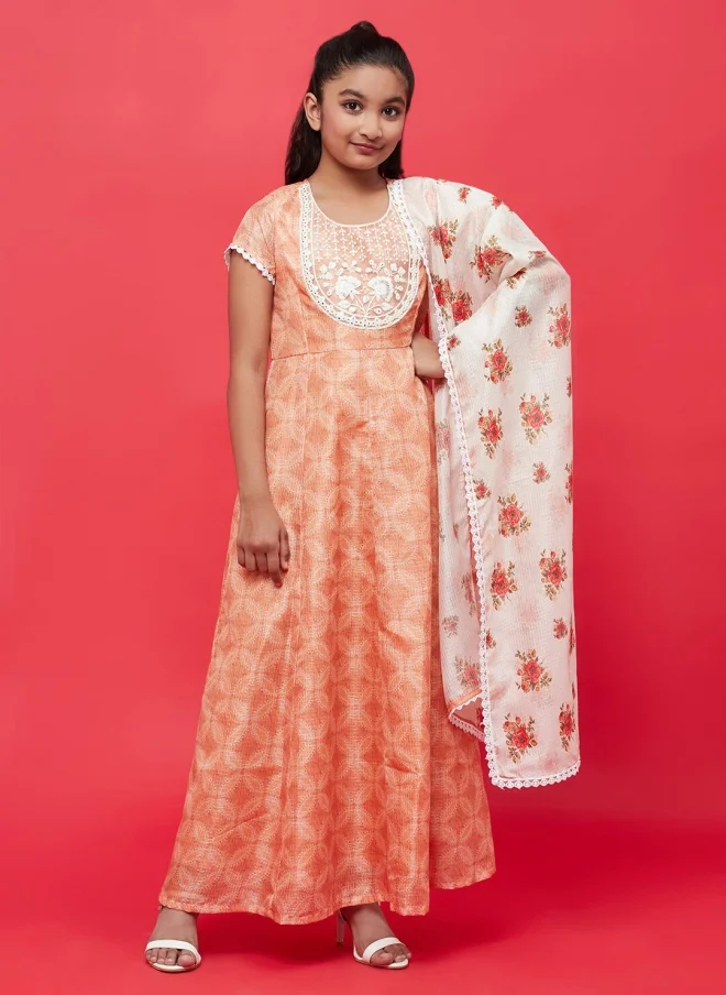 أيه كيه إس Peach Cotton Maxi Dress With Dupatta For Girls