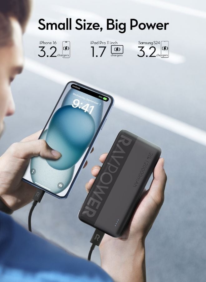 RAVPOWER 20000 mAh PD 20W 3-Port Power Bank, Fast Charging PD/QC, Charge 3 Devices Simultaneously, Universal Compatibility for iPhone 15/16 & More, Dual USB-C + USB-A, iSmart Technology Black - Image 2