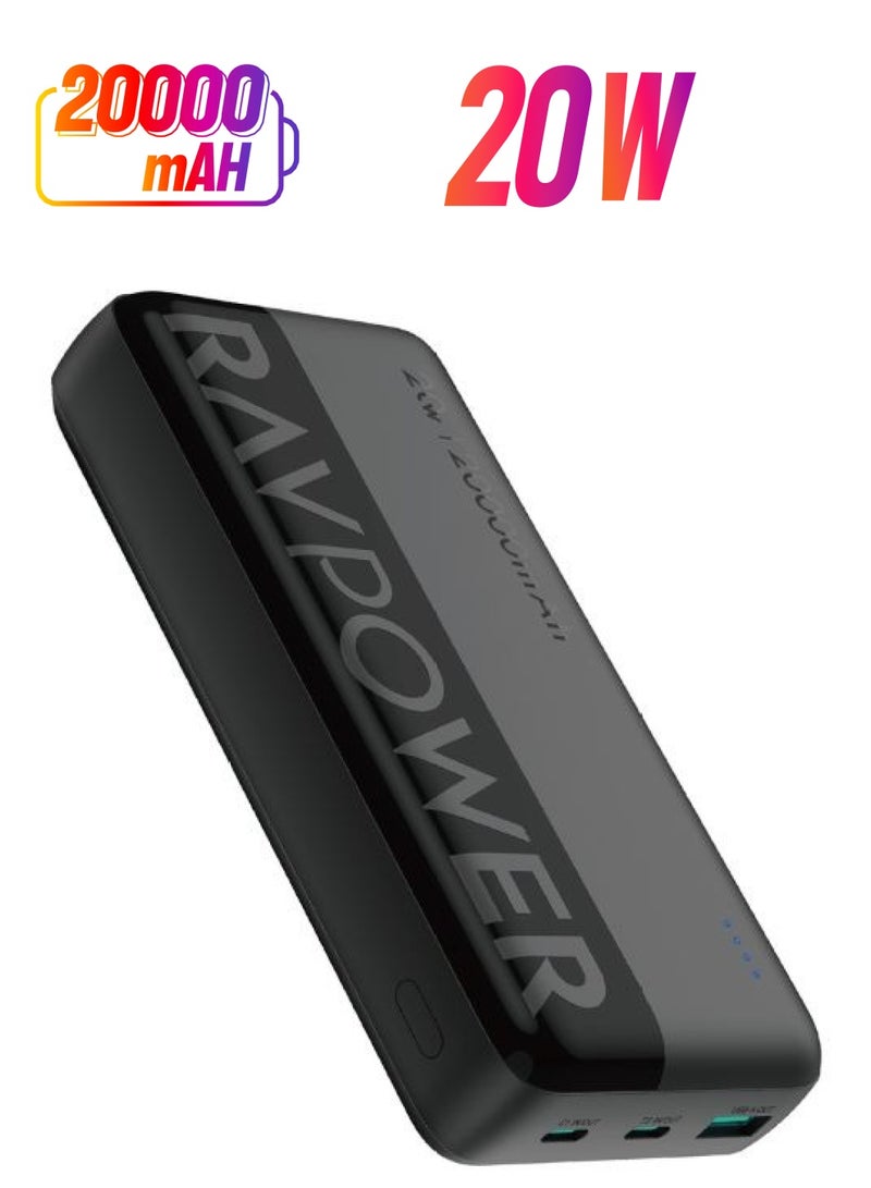 RAVPOWER 20000 mAh PD 20W 3-Port Power Bank, Fast Charging PD/QC, Charge 3 Devices Simultaneously, Universal Compatibility for iPhone 15/16 & More, Dual USB-C + USB-A, iSmart Technology Black - Image 1