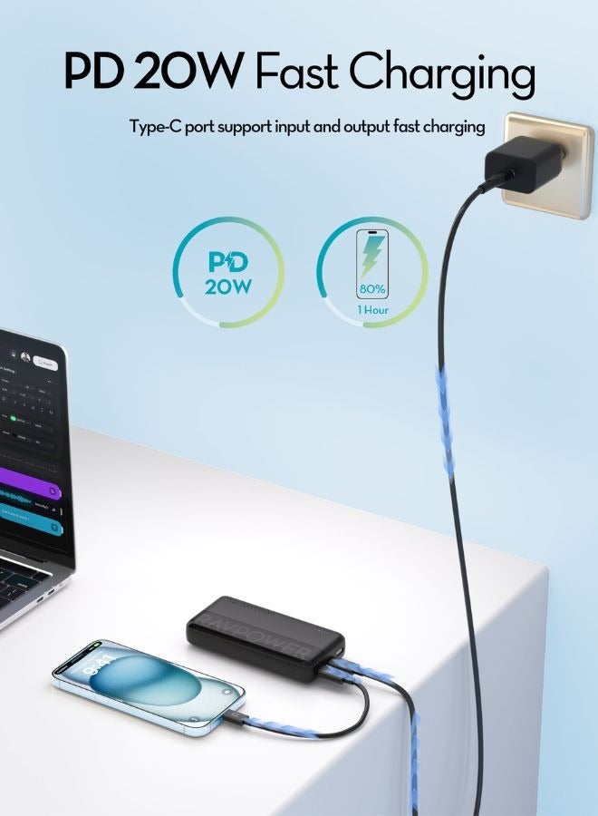 RAVPOWER 20000 mAh PD 20W 3-Port Power Bank, Fast Charging PD/QC, Charge 3 Devices Simultaneously, Universal Compatibility for iPhone 15/16 & More, Dual USB-C + USB-A, iSmart Technology Black - Image 5
