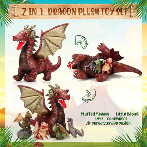 Deekin 7 Pcs Dragon Toy Set 16 Inch Large Dragon Stuffed Animal with 4 Baby Plush and 2 Eggs in Mommy's Belly Dinosaur Plushies Gifts for Boys Girls Birthday Christmas(Retro Style) - Image 4