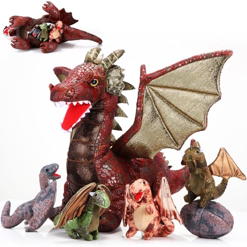 Deekin 7 Pcs Dragon Toy Set 16 Inch Large Dragon Stuffed Animal with 4 Baby Plush and 2 Eggs in Mommy's Belly Dinosaur Plushies Gifts for Boys Girls Birthday Christmas(Retro Style) - Image 1