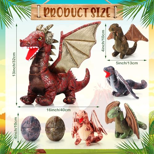 Deekin 7 Pcs Dragon Toy Set 16 Inch Large Dragon Stuffed Animal with 4 Baby Plush and 2 Eggs in Mommy's Belly Dinosaur Plushies Gifts for Boys Girls Birthday Christmas(Retro Style) - Image 2