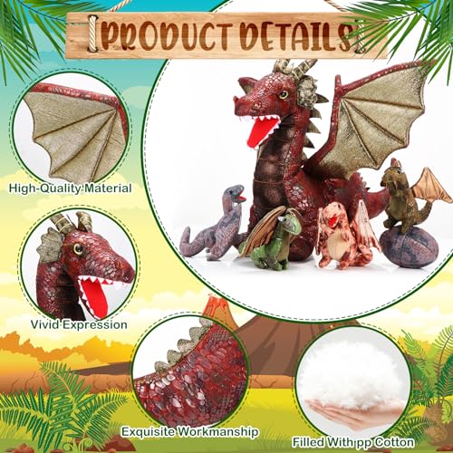 Deekin 7 Pcs Dragon Toy Set 16 Inch Large Dragon Stuffed Animal with 4 Baby Plush and 2 Eggs in Mommy's Belly Dinosaur Plushies Gifts for Boys Girls Birthday Christmas(Retro Style) - Image 3