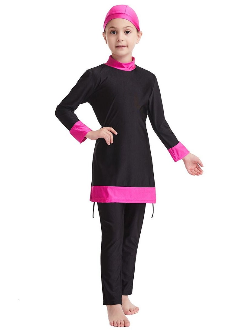 Loquat Girls Traditional Fashion 3-Piece Swimwear Set Long Sleeve Burkinis Swimsuit Set Black/Pink  - Image 1