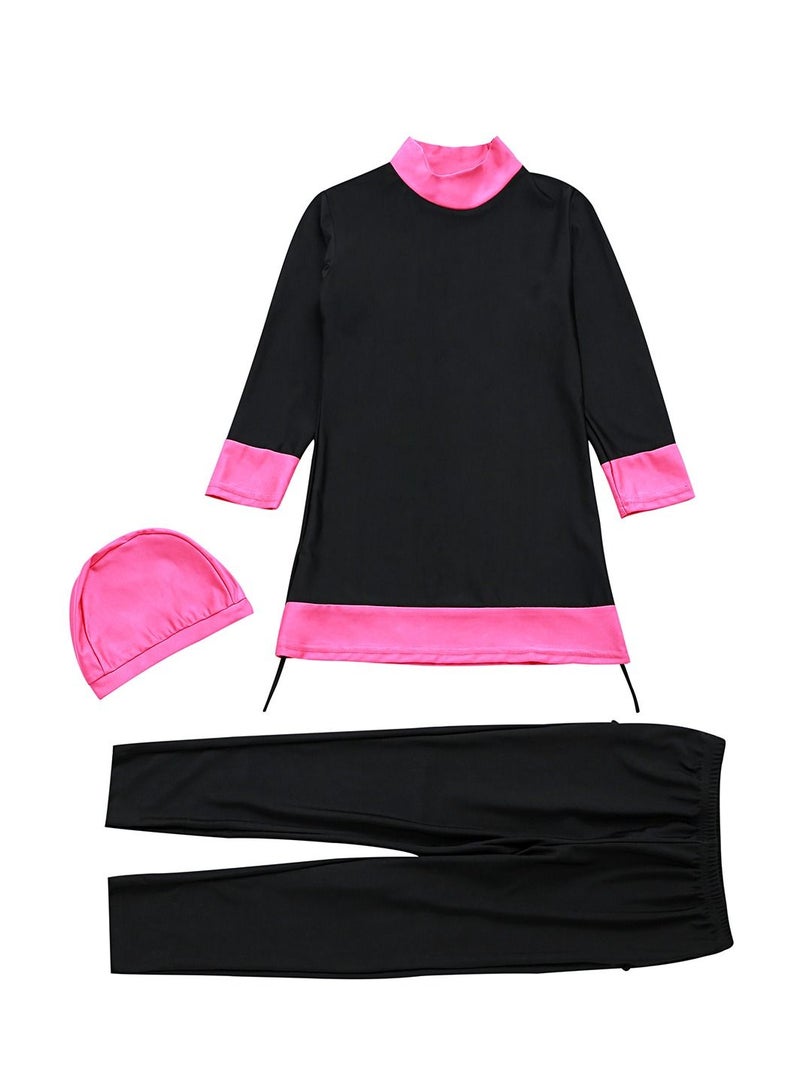 Loquat Girls Traditional Fashion 3-Piece Swimwear Set Long Sleeve Burkinis Swimsuit Set Black/Pink  - Image 2