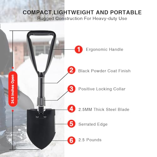 BEHANDY 24.5" Collapsible Shovel, Heavy Duty Foldable Shovel, Camping Shovel and Pickax, Military Entrenching Tool for Gardening, Camping, Mud&Snow, Off Road, Portable Car Emergency kit - Image 3