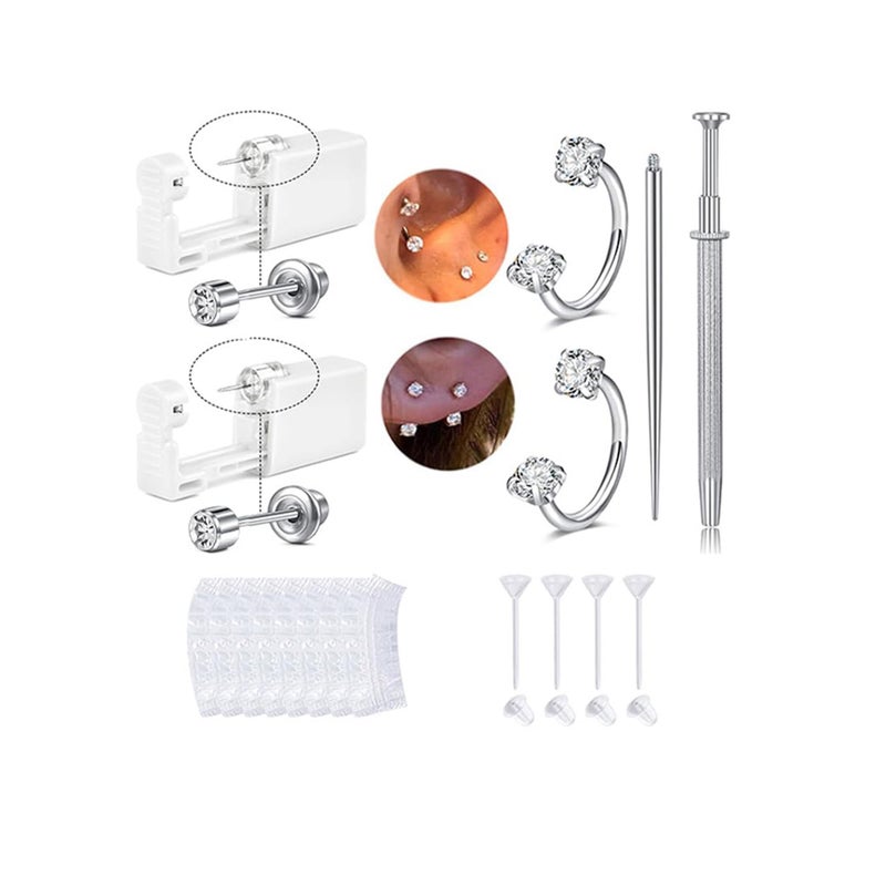 QWALIT Silver Earring Piercing Kit Ear Piercing Gun Disposable Ear Piercings Kit with Flat Back Earrings Self Piercings Gun Kits at Home Horseshoe Earring Hoop Double Gem Earrings Hoop Second Hole - Image 1