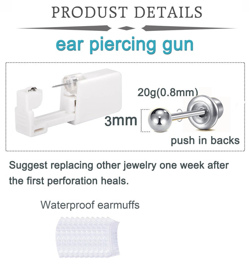 QWALIT Silver Earring Piercing Kit Ear Piercing Gun Disposable Ear Piercings Kit with Flat Back Earrings Self Piercings Gun Kits at Home Horseshoe Earring Hoop Double Gem Earrings Hoop Second Hole - Image 3