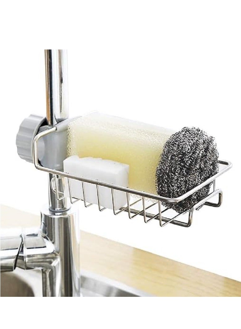 Sink Organizer, Kitchen Faucet Mount Sponge Holder, Soap and Sponge Rack with Stainless Steel Drain - Silver - Image 1