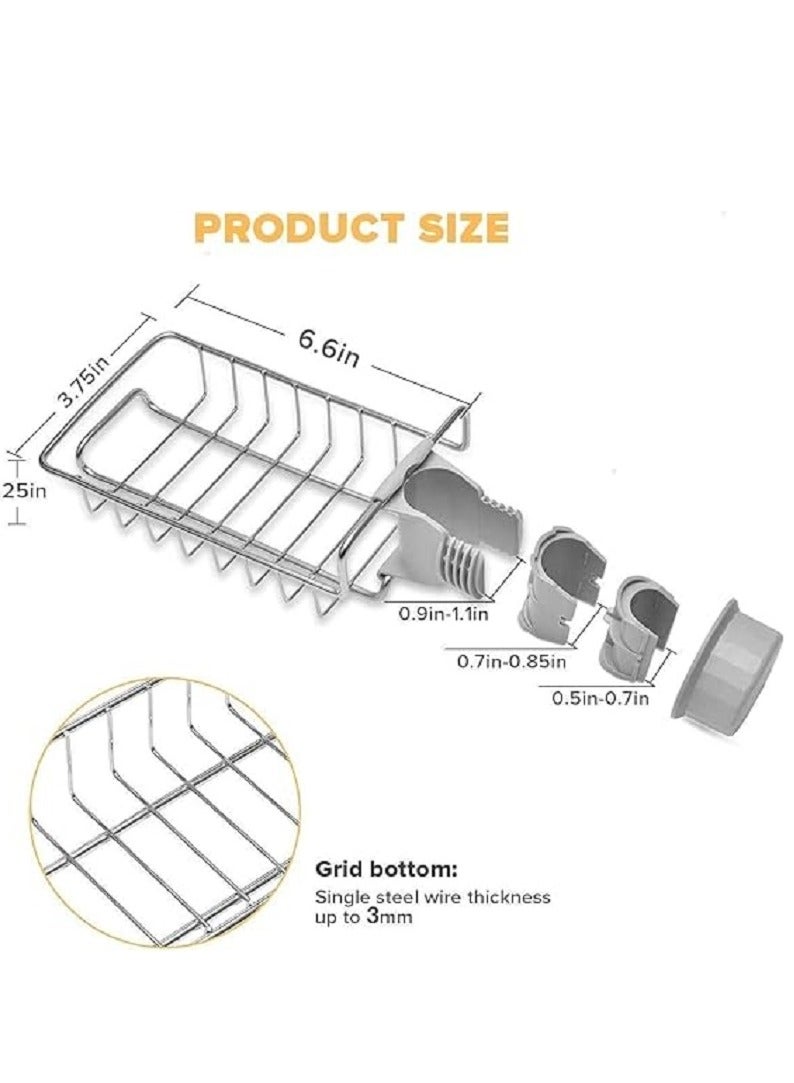 Sink Organizer, Kitchen Faucet Mount Sponge Holder, Soap and Sponge Rack with Stainless Steel Drain - Silver - Image 2