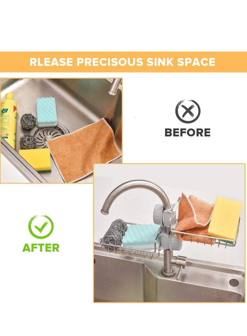 Sink Organizer, Kitchen Faucet Mount Sponge Holder, Soap and Sponge Rack with Stainless Steel Drain - Silver - Image 3