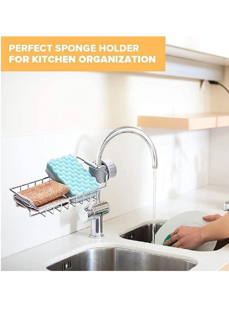 Sink Organizer, Kitchen Faucet Mount Sponge Holder, Soap and Sponge Rack with Stainless Steel Drain - Silver - Image 4