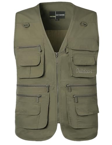 Flygo Mens Fishing Vest Utility Lightweight Outdoor Travel Safari Photo Cargo Vest with 16 Pockets Style 01 Army Green L