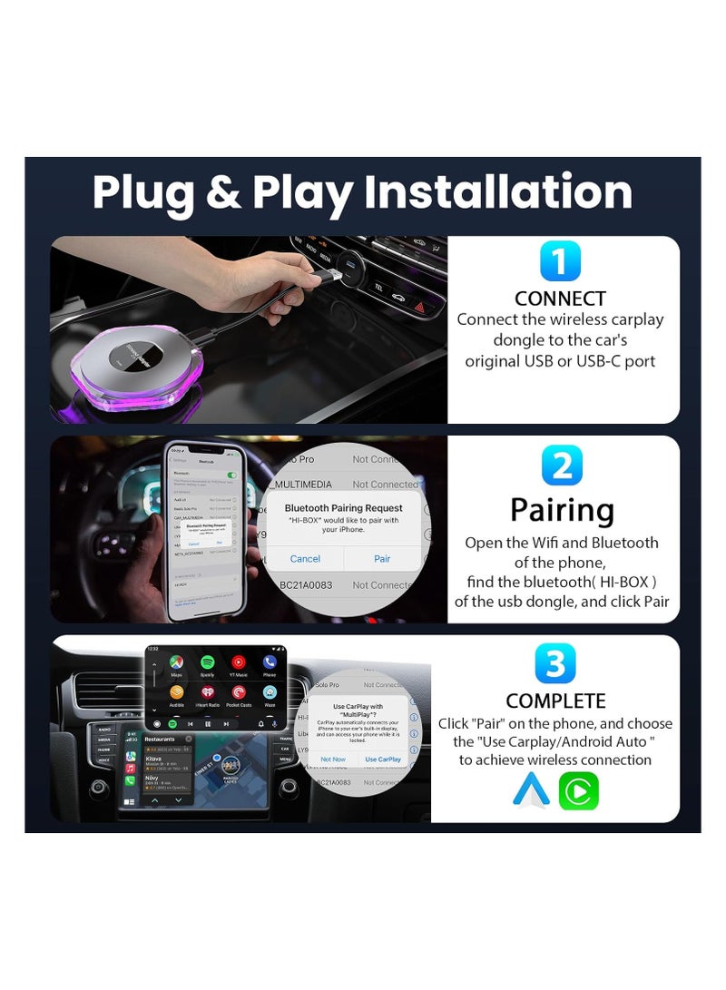 SOLARAE Wireless CarPlay and Android Auto Adapter, 2024 Plug & Play Magic Box for iOS 10+ and Android 11+, Includes USB-C and USB-A Cables, Easy Connection for Your Phone. - Image 2