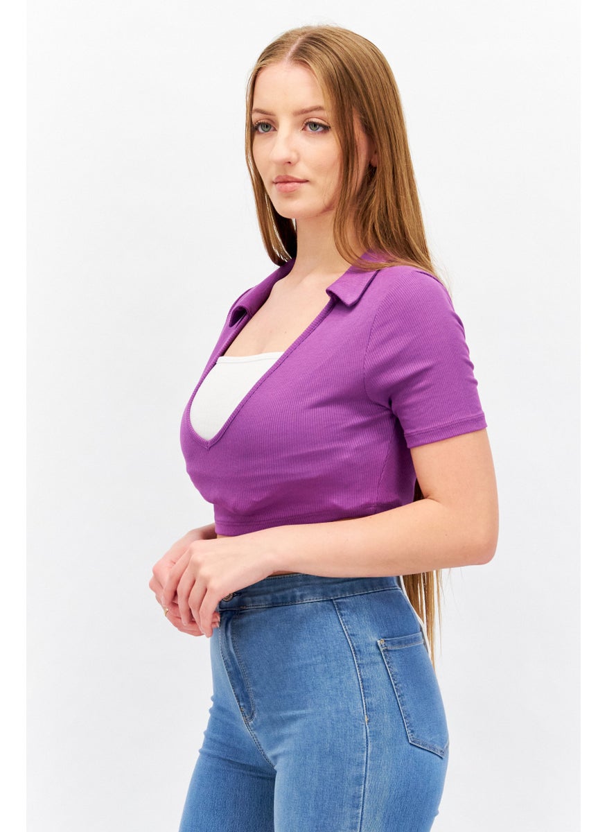I SAW IT FIRST - Women V Neck Short Sleeve Ribbed Crop Top, Purple - Image 1