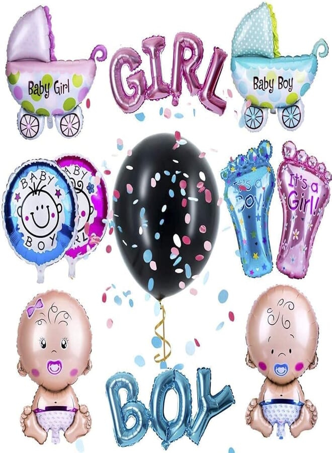 Secret Gender Reveal Confetti Balloons Tricked Pack for Baby Shower - Come with Baby Foil Balloons and Letter Banner