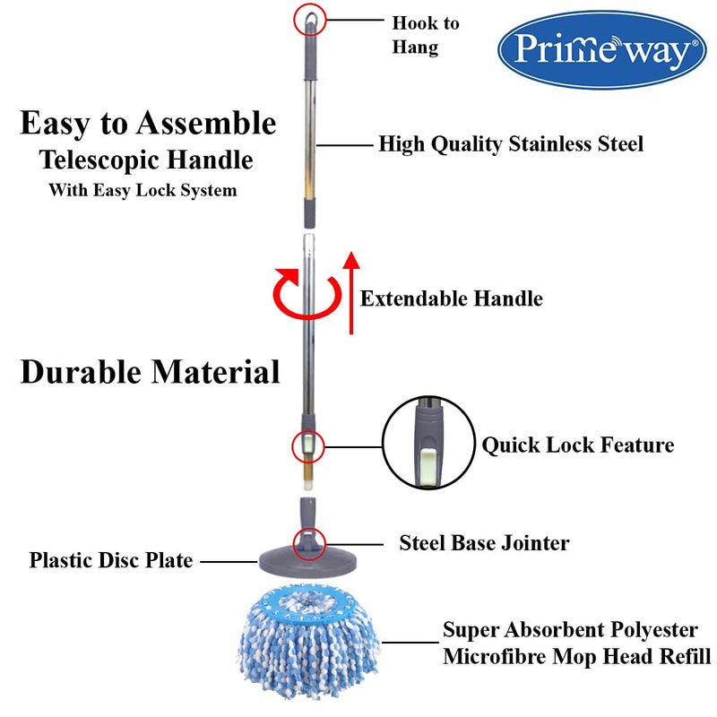 Primeway Stainless Steel 124cm Extendable Floor Mop HandleStick with 2 Pcs Premium 130g Mop Head Refill Replacement Spares Set Grey - Image 3