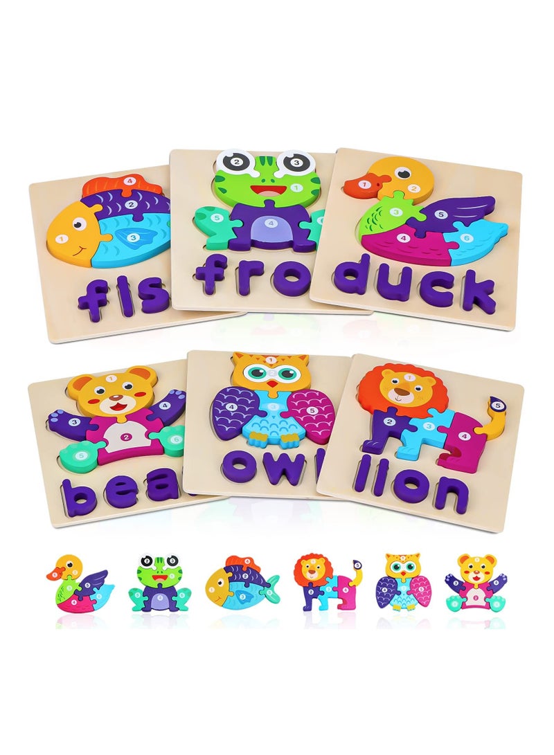 XiuWoo 6 Pack Wooden Puzzles for Toddler with Animal Shapes Alphabet Spelling Preschool Educational Toys Shape Early Learning Activities Kids - Image 1