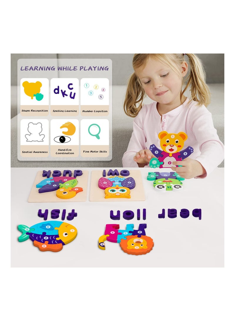 XiuWoo 6 Pack Wooden Puzzles for Toddler with Animal Shapes Alphabet Spelling Preschool Educational Toys Shape Early Learning Activities Kids - Image 5
