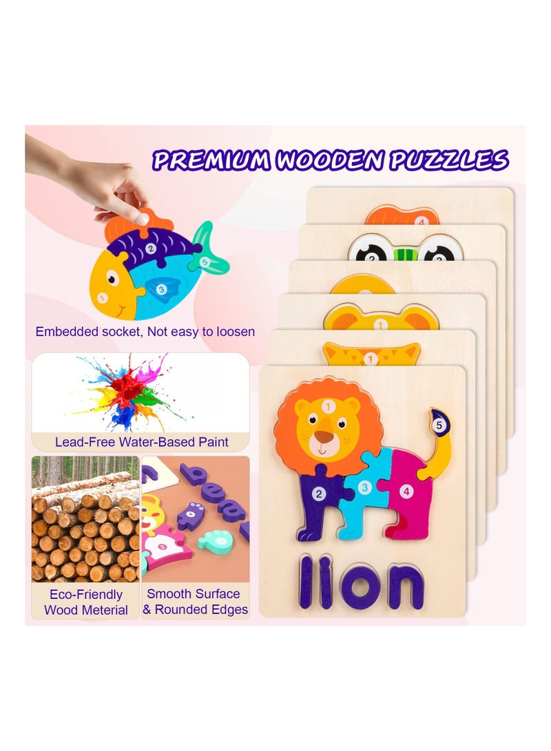 XiuWoo 6 Pack Wooden Puzzles for Toddler with Animal Shapes Alphabet Spelling Preschool Educational Toys Shape Early Learning Activities Kids - Image 3