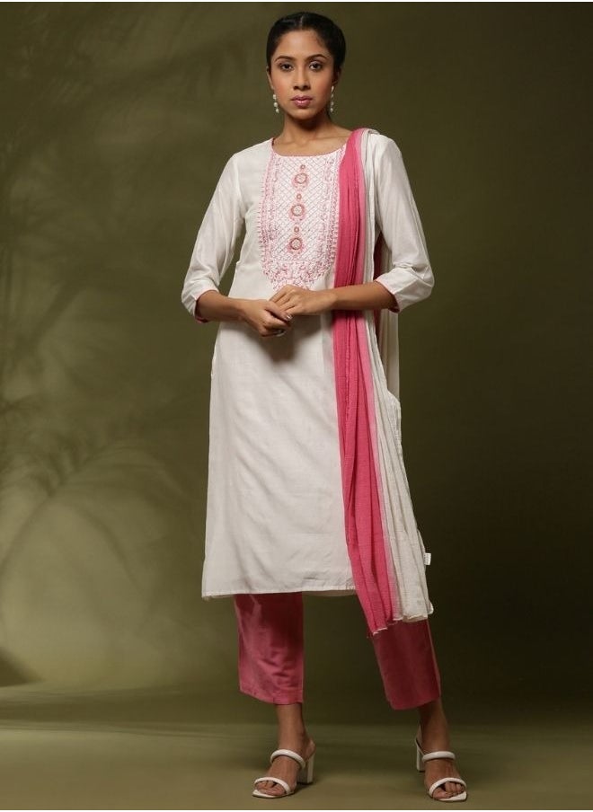 Abhishti Embroidered 3pc kurta set- offwhite  - Image 1