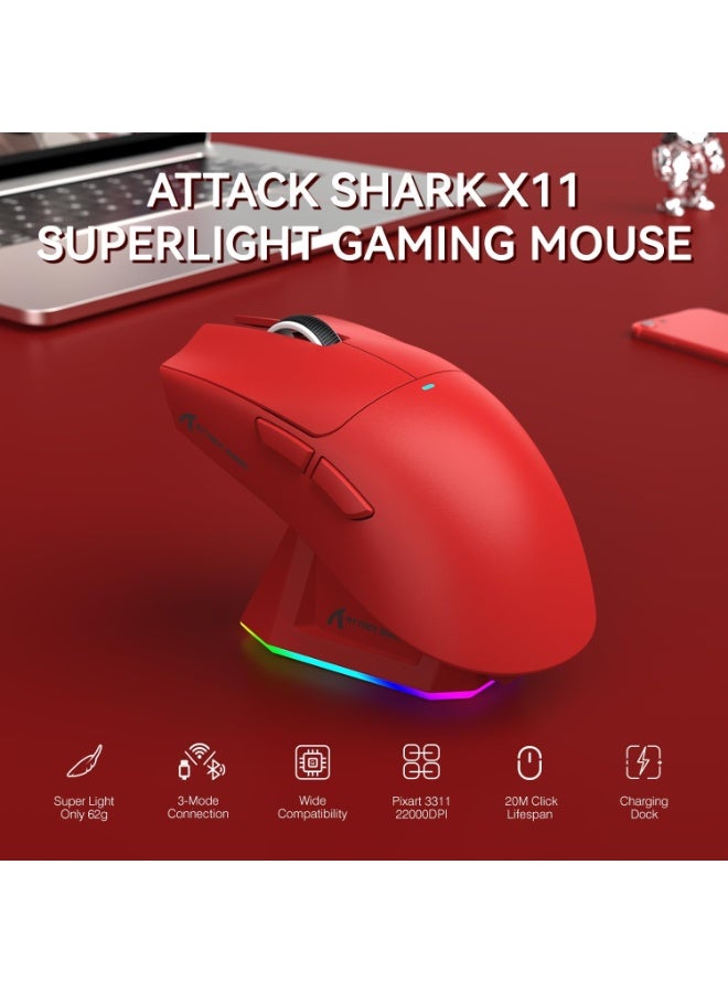 Attack Shark Shark Attack X11 Wireless Tri-Mode Gaming Mouse with Magnetic Charging Base Lightweight Anti-Slip Mouse PixArt PAW3311 Sensor 22K DPI BT/2.4GHz/Wired for PC/Mac Red - Image 4