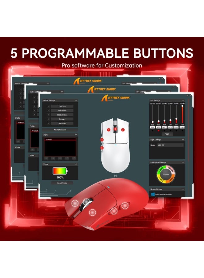 Attack Shark Shark Attack X11 Wireless Tri-Mode Gaming Mouse with Magnetic Charging Base Lightweight Anti-Slip Mouse PixArt PAW3311 Sensor 22K DPI BT/2.4GHz/Wired for PC/Mac Red - Image 5