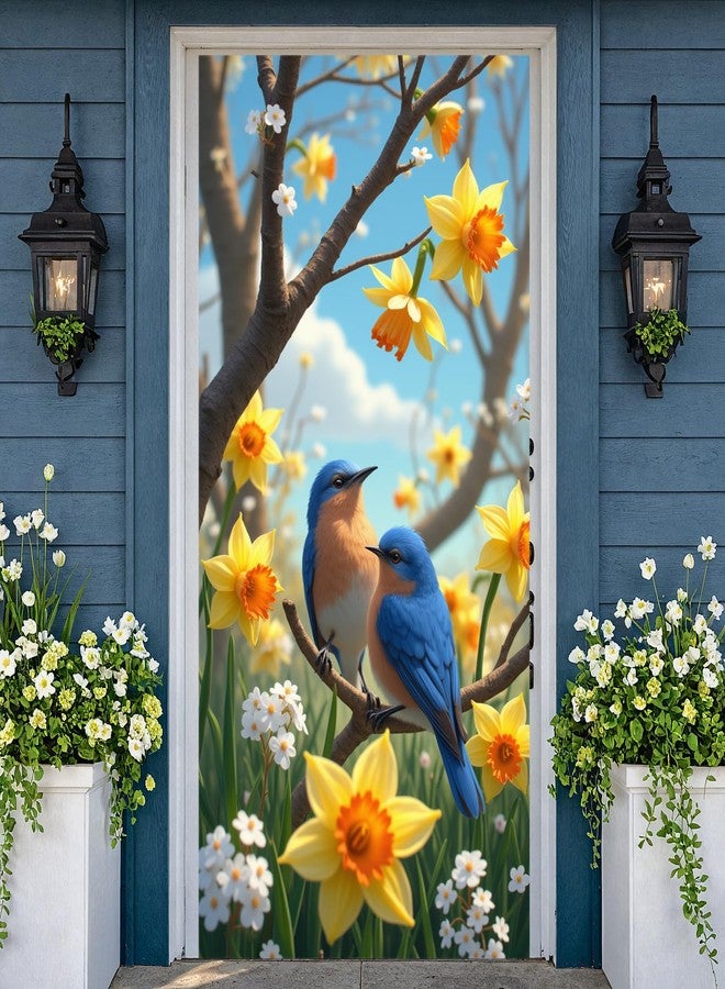 Woosytoo Spring Birds Door Banner Decorations Blue Birds Daffodil Flowers Door Cover Hanging Backdrop for Spring Summer Garden Yard Outdoor Indoor Photo Background Holiday Welcome Decor - Image 1