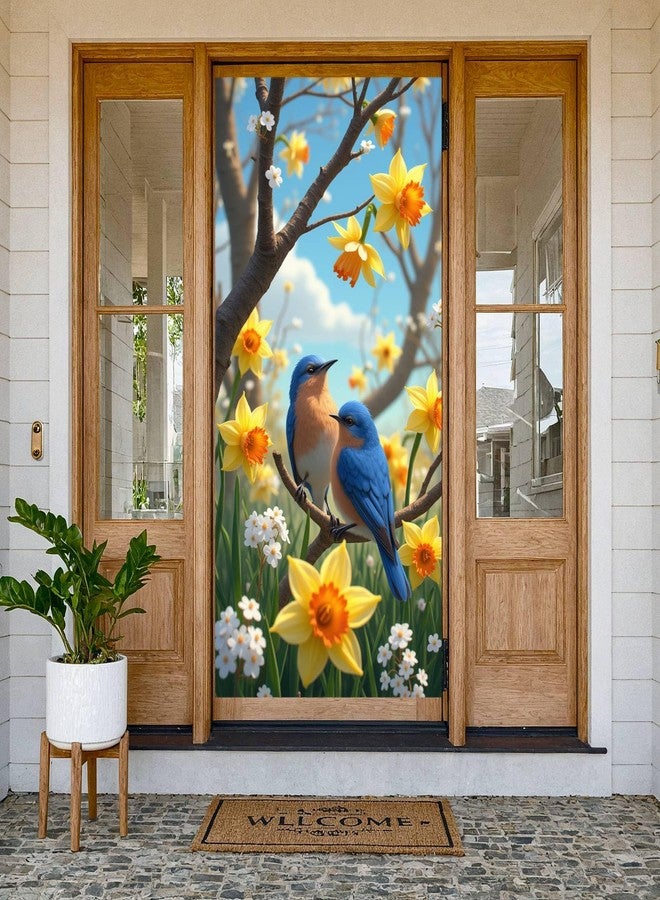Woosytoo Spring Birds Door Banner Decorations Blue Birds Daffodil Flowers Door Cover Hanging Backdrop for Spring Summer Garden Yard Outdoor Indoor Photo Background Holiday Welcome Decor - Image 2