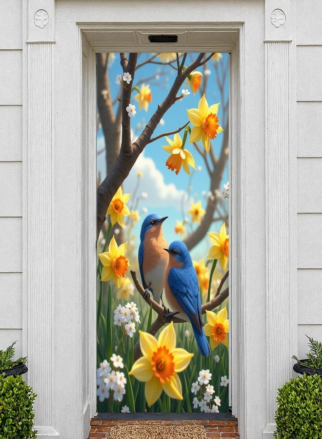 Woosytoo Spring Birds Door Banner Decorations Blue Birds Daffodil Flowers Door Cover Hanging Backdrop for Spring Summer Garden Yard Outdoor Indoor Photo Background Holiday Welcome Decor - Image 4