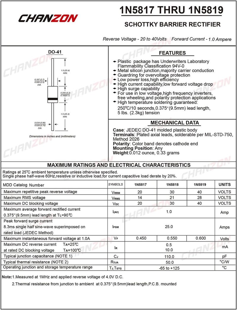 CHANZON 100 Pcs 1N5819 Schottky Barrier Rectifier Diodes 1A 40V DO-41 (DO-204AL) Axial 5819 IN5819 1 Amp 40 Volt - Image 2